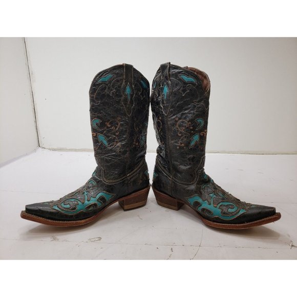 Pecos Bill Womens Boots Cowgirl Snip Toe Leather Brown Turquoise Inlay 7.5 B - Picture 5 of 10